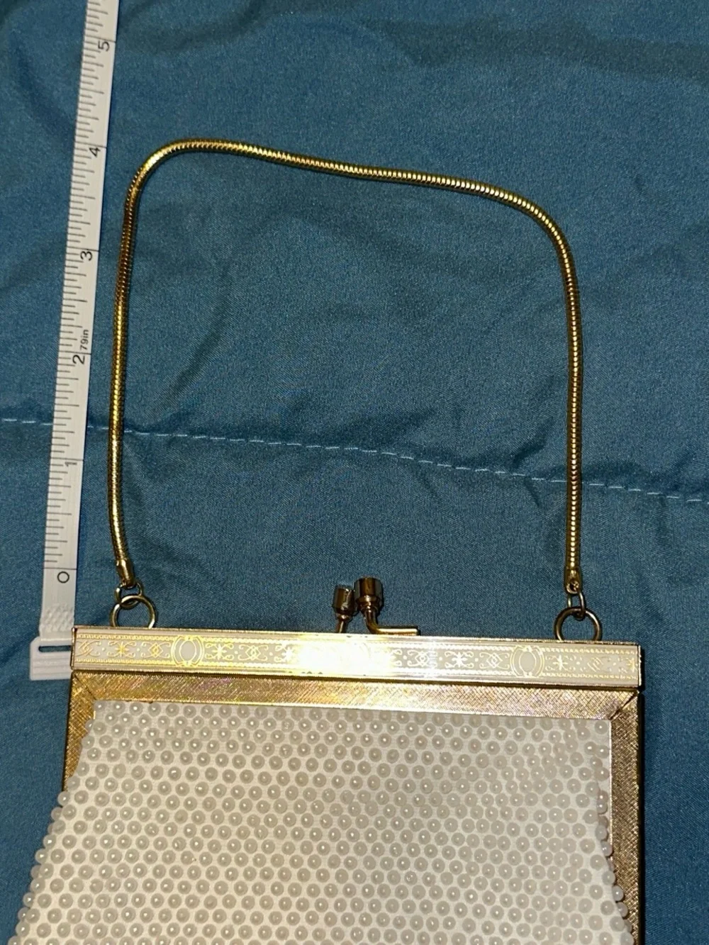 Vintage 1960s Faux Pearl Beaded Evening Bag – Gold Frame Purse